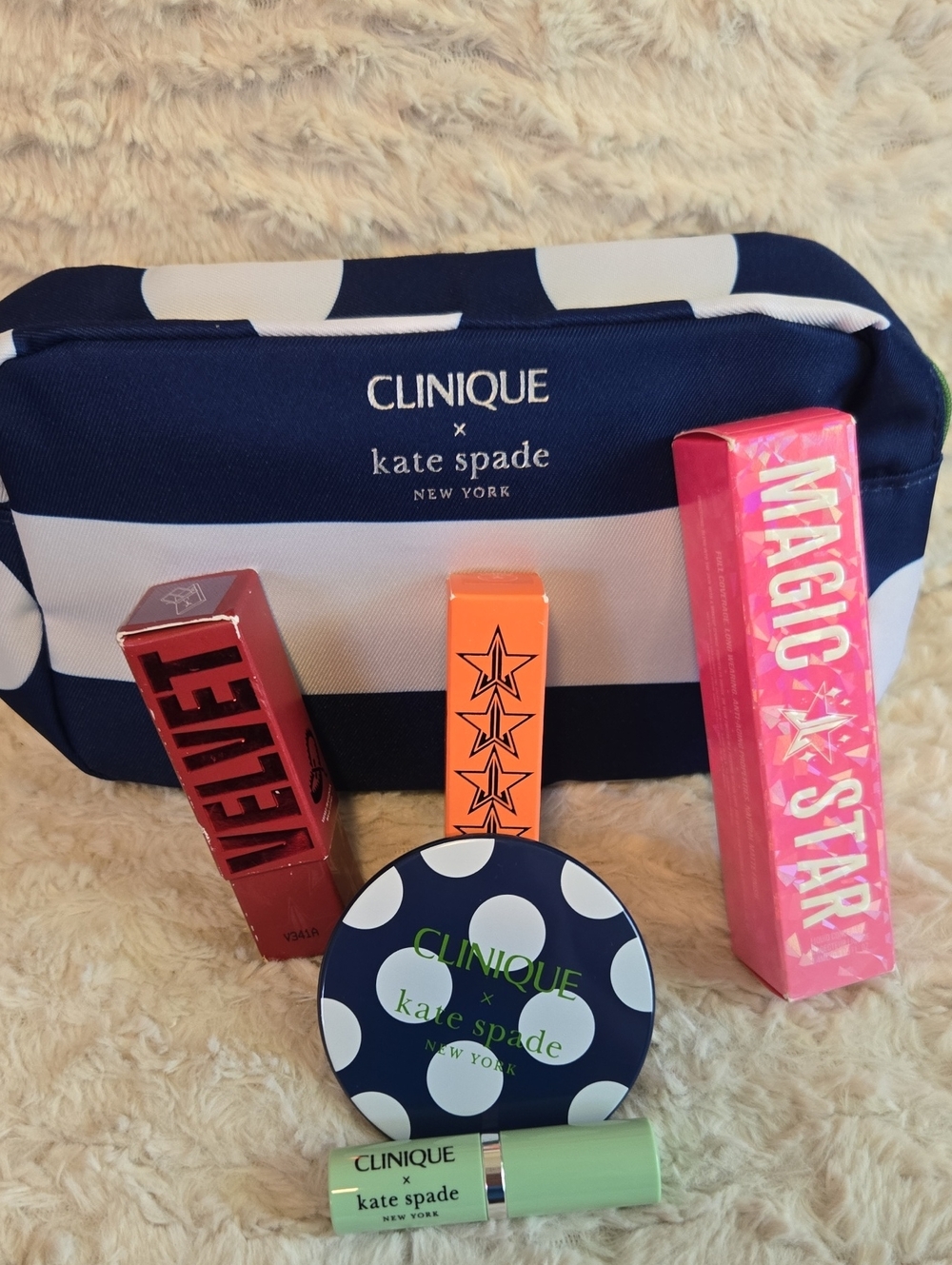 Clinique x Kate Spade Navy and White Polka Dot Cosmetic Bag Bundle